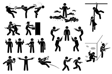 Movie action hero fight scene. Vector clipart of man fighting many bad people. He is surrounded but beat the gangs. The stick figure action hero use gun in different poses. He is strong and skillful.