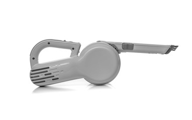 A handheld portable lithium battery vacuum cleaner is isolated on a white background.