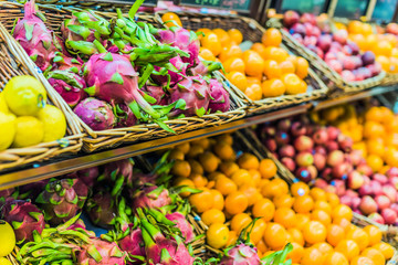Fresh fruits put up for sale in a supermarket
