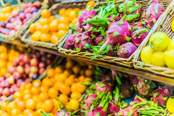 Fresh fruits put up for sale in a supermarket