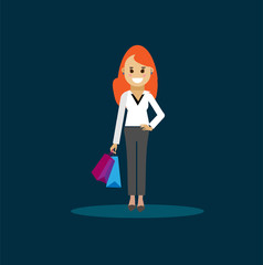 cute young redhead girl with shopping bags. Vector flat illustration