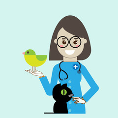 A female veterinarian with a cat and a bird. Doctor for animals. Cartoon character. Vector flat illustration