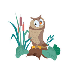 A funny owl sits on a stump.Cartoon vector isolated illustration in flat style with texture.