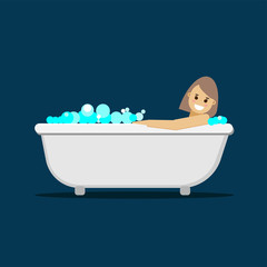 girl in the bathroom. Beauty Girl Taking a Bath. Woman Take Care of her Body and Relaxing. Spa Procedures at Home. Skin Care Routine and Hygiene Concept. Flat Cartoon Vector Illustration.