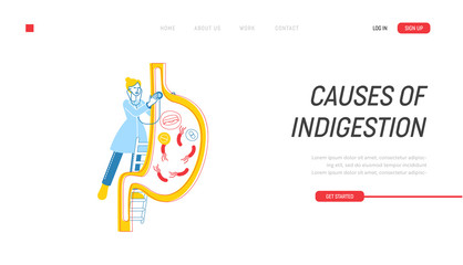Gastroenterology Landing Page Template. Female Doctor Character Stand on Ladder with Stethoscope at Huge Stomach. Medic Study Gastritis and Helicobacter Pylori Germs. Linear People Vector Illustration