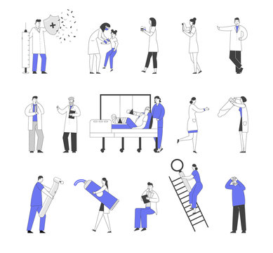 Set of Male and Female Doctors and Patients Characters in Hospital, Vaccination and Concilium, Injured Man in Clinic Chamber. Nurse with Test Tube Dentist with Drill. Linear People Vector Illustration