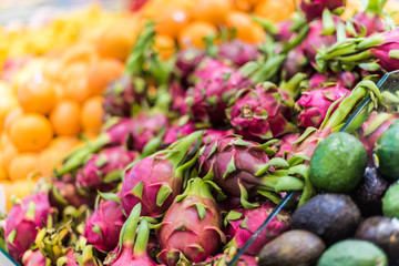 Fresh fruits put up for sale in supermarket