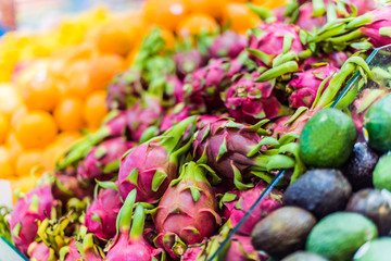 Fresh fruits put up for sale in supermarket