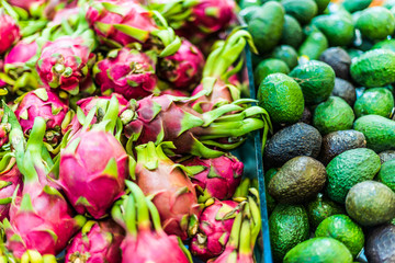 Fresh fruits put up for sale in supermarket