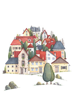 Illustrazione ad acquerello, piccolo e bel paesino europeo sulla collina. Gruppo di case con tetti di tegole rosse, blu e grigie con alberi e fiori