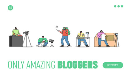 Fototapeta premium Bloggers channel template landing page. Cartoon video content makers with different vlogs