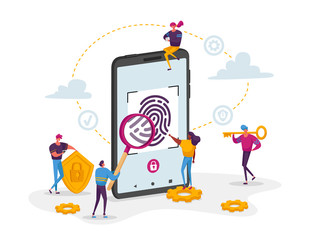 Cyber Security, Futuristic Technologies Concept. Fingerprint Scanning Smartphone Access Lock. Tiny Characters around Huge Mobile Phone with Finger Scan Biometric Id. Cartoon People Vector Illustration