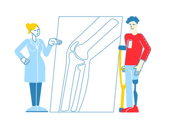 Invalid Handicapped Man Character Standing on Crutches with Prosthesis on Leg Visiting Orthopedy Clinic or Hospital Communicate with Doctor Orthopedist, Healthcare. Linear People Vector Illustration