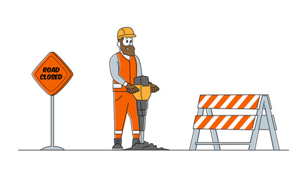 Builder Character with Pneumatic Jackhammer Drill Breaking Asphalt, Road Work on Construction Site Fenced with Warning Sign. Highway Maintenance, Worker Remove Old Pavement. Linear Vector Illustration