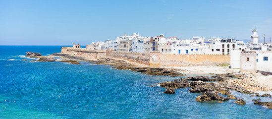 Old Essaouira, city in Province Marrakesh-Tensift-El Haouz, Morocco. Banner and panoramic edition. - obrazy, fototapety, plakaty