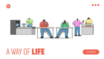 Jewelry production process. Template landing page. Craft people working at golden and diamond jewel