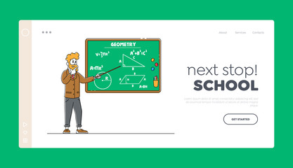 School or College Education, Class, Knowledge Landing Page Template. Teacher Character with Pointer Explain Geometry Lesson at Blackboard with Formulas Written with Chalk. Linear Vector Illustration