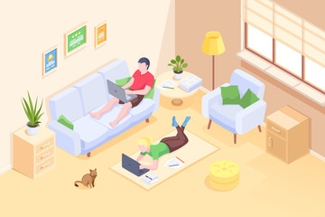 Couple working at home online freelance work, vector isometric illustration of man and woman with computer laptops. Couple freelance or home office job, internet blogger and designer, modern business