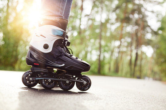 Profile of black and white rollerskates used by unknown person, having sun on background, moving, spending time alone actively, riding on road around trees, having energy. People and hobby concept.