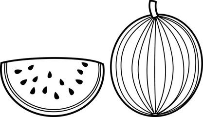 Coloring page. Slice and whole watermelon