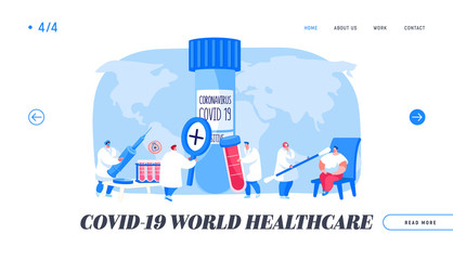 Covid19 Diagnostics Landing Page Template. Doctor Character Take Express Test Sampling to Determine Presence Contagious Coronavirus Infection Disease in Laboratory. Cartoon People Vector Illustration