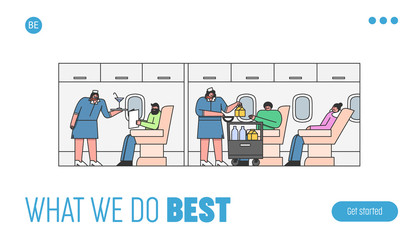 Airline company template landing page with passengers onboard while flight