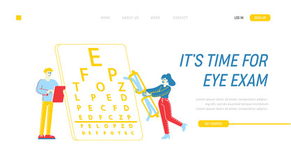 Myopia or Nearsightedness, Vision Diseases Landing Page Template. Eye and Optical System Check Up. Male Character Stand front of Snellen Chart, Woman Carry Huge Eyeglasses. Linear Vector Illustration