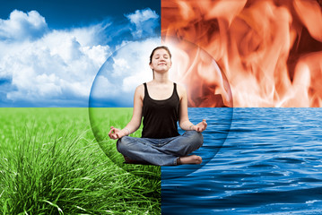 young woman sitting in yoga pose in a bubble