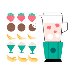 vector image of  blender with milkshake and different kinds of treats 