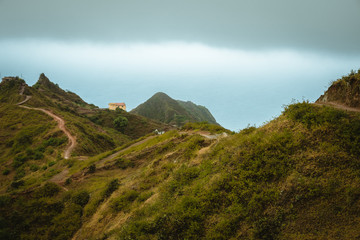 Mountain range of Ribeira de Janela on Santo Antao Cape Verde. Hiking trail path leading down to...