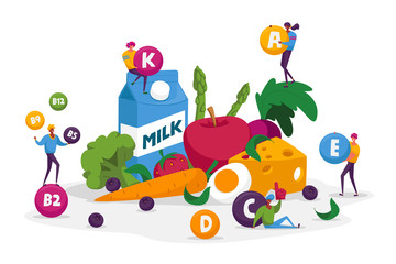 Obraz na płótnie Canvas Characters Healthy Lifestyle, Organic Food Choice, Vitamins in Products. Fruits, Vegetables, Cheese, Milk and Eggs as Source of Energy and Health. Vegetarian Diet. Cartoon People Vector Illustration