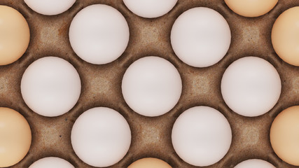 Many fresh raw chicken eggs in cartons as background, top view.