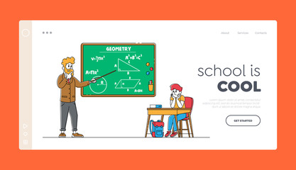 Education, Back to School Landing Page Template. Boring Schoolboy Character Sitting at Desk with Textbook front of Blackboard with Teacher Explaining Geometry Lesson. Linear People Vector Illustration