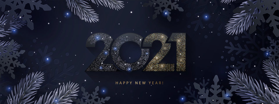 Happy New Year 2021 beautiful sparkling design of numbers on dark elegant background with frame made of black snowflakes in paper cut style, beautiful fir branches and shining glitter. 