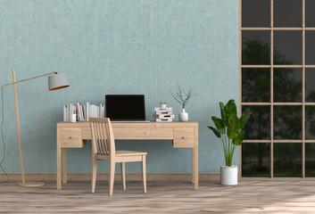 3D render of interior modern living room workspace with laptop computer