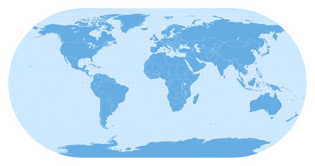 World map in Eckert III projection (EPSG:54013). Detailed vector Earth map with countries’ borders and 5-degree grid. - 352209386