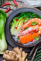 Asian bee hoon, bihun soup with shrimp, prawn, rice noodles