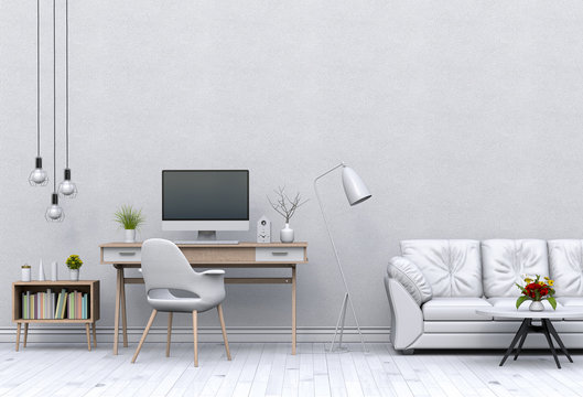 3D rendering of interior modern living room workspace with sofa, desk, desktop computer