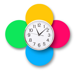 Time punctual second minute hour. Large clock on colorful background isolated. The concept of time.