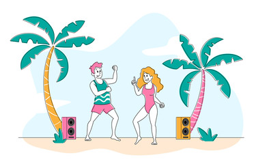 Young Girls Wearing Swim Suits and Man Characters Dancing on Seaside at Summer Beach Party with Playing Modern Music at Tropical Landscape with Palm Trees, Holidays. Linear People Vector Illustration