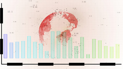 Background for broadcasting. Abstract 3render red planet and candlestick chart falling and rising over blue background.