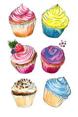 Cupcakes with cream drawn by watercolor on a white background. Sketch food.
