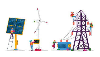 Characters Use Sustainable Energy, Environmental and Ecology Protection. New Technologies Integration into Human Life. Solar Panels and Windmills for Green Energy. Cartoon People Vector Illustration