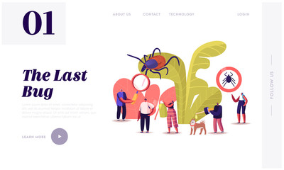 Encephalitis Mite, Tick Bite Protection Landing Page Template. Characters Search Dangerous Insect. Mite Hid on Plant Leaf, People Spraying Insect Repellent on Skin and Dog. Cartoon Vector Illustration