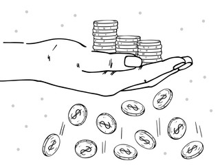 Hand holds stacks of coins. Losing coins. Depicts financial losses, reduced income, financial crisis.