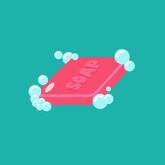 Bar of soap with foam Bubbles isolated Flat Vector illustration. depicting Hygiene concept