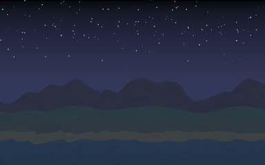 Fototapeta premium Starry moonless sky. Ocean shore line with waves on a beach. Island beach paradise with waves. Vacation, summer, relaxation. Seascape, seashore. Minimalist landscape, primitivism. 3D illustration