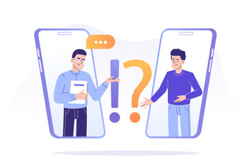 FAQ and Q&A concept. Confused man asking to online support center via smartphone. Frequently asked questions. Exclamation and question marks. Isolated vector illustration for web banner, poster, ui