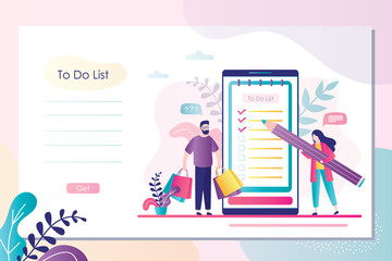 To do list printable banner template. Female character put checkmarks on completed work, handsome man holds shopping bags