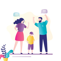 Quarrel in family. Сartoon angry parents swearing. Unhappy boy teenager. Dispute man and woman.